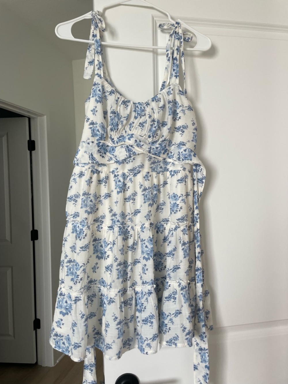 Trixxi White Dress with Blue Floral Print and Tie Straps